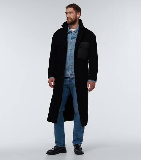 Leather-trimmed wool overcoat