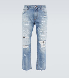 Distressed mid-rise straight jeans