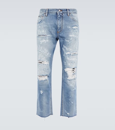 Distressed mid-rise straight jeans
