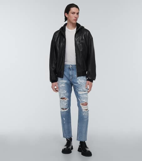 Distressed mid-rise straight jeans