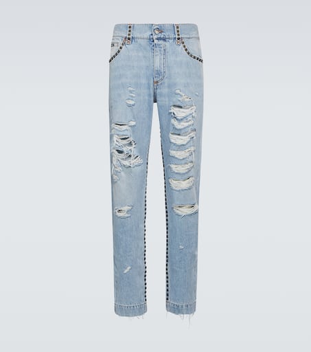 Distressed mid-rise straight jeans