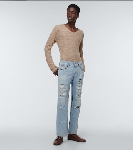 Distressed mid-rise straight jeans