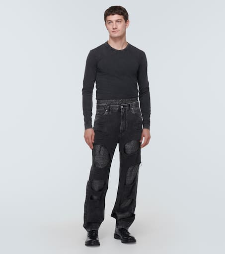 Logo distressed straight jeans