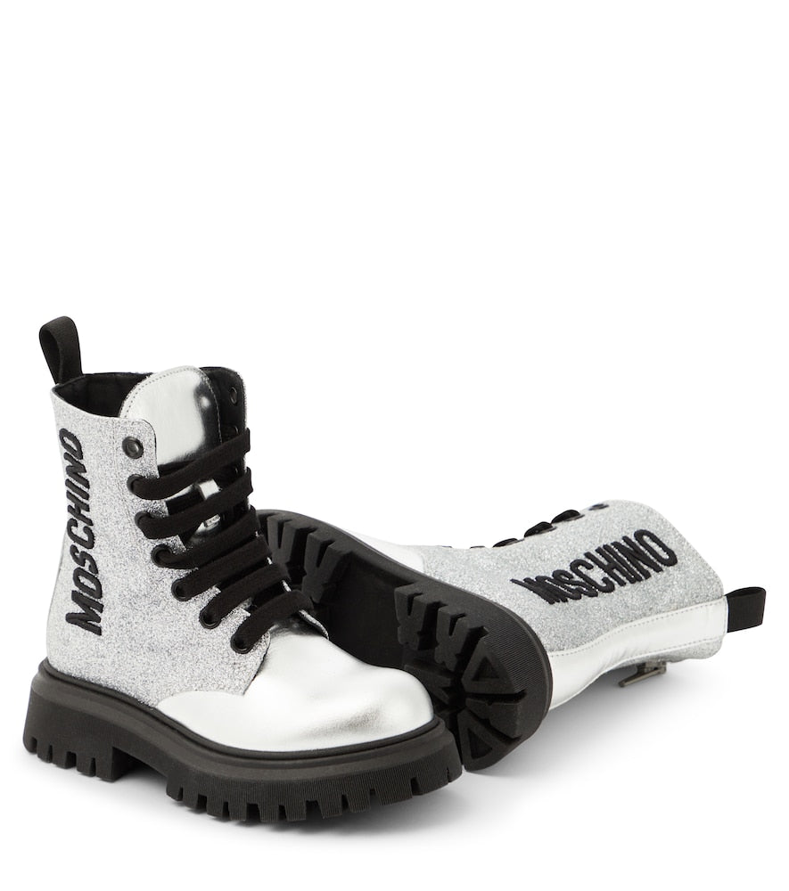 Logo glitter leather boots