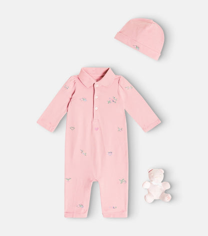 Baby cotton onesie, hat, and teddy bear set