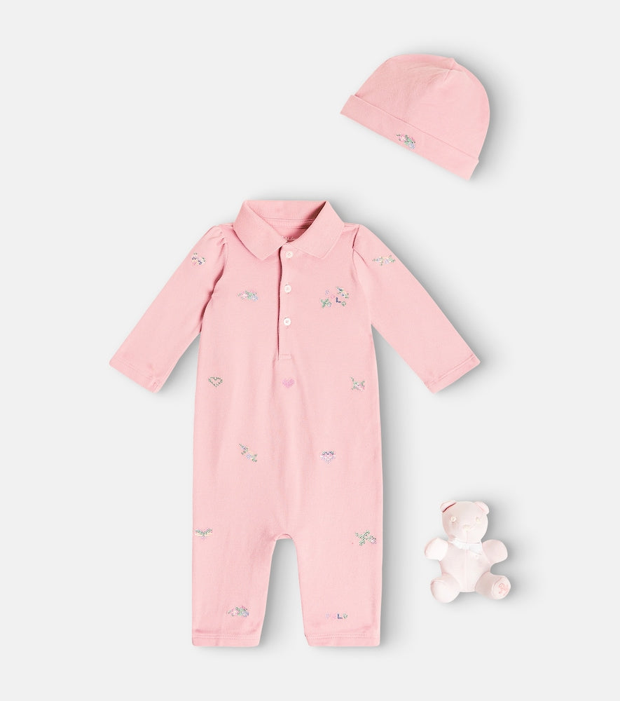 Baby cotton onesie, hat, and teddy bear set