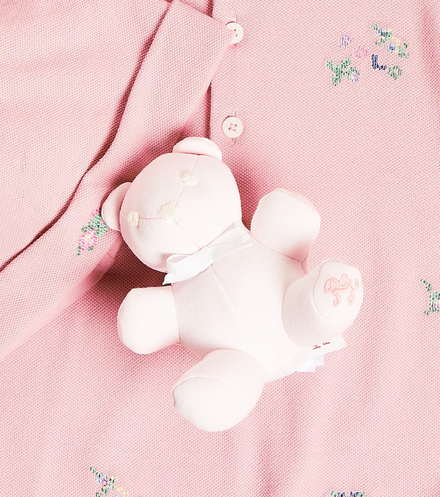 Baby cotton onesie, hat, and teddy bear set
