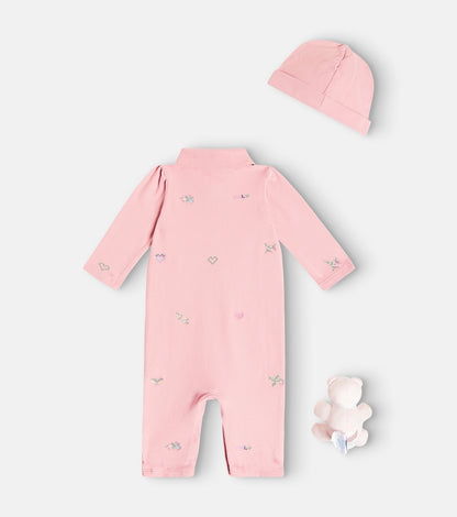 Baby cotton onesie, hat, and teddy bear set
