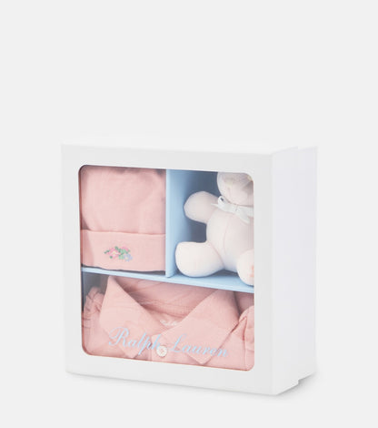 Baby cotton onesie, hat, and teddy bear set