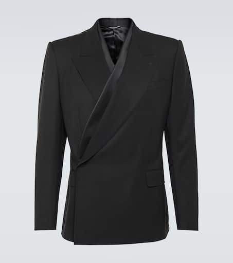 Asymmetric double-breasted wool-blend blazer