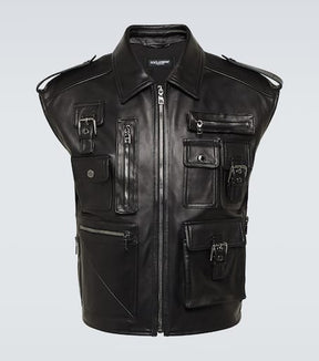 Pocket-detail sleeveless leather jacket