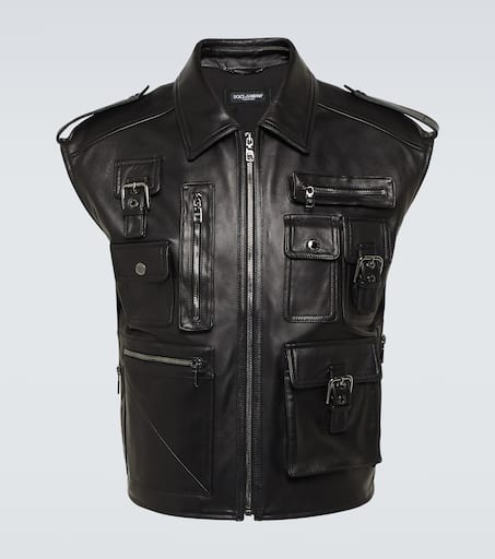 Pocket-detail sleeveless leather jacket