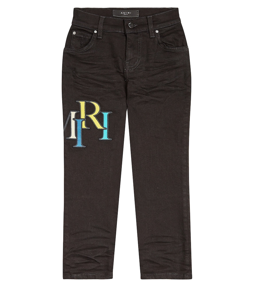 Distressed logo skinny jeans