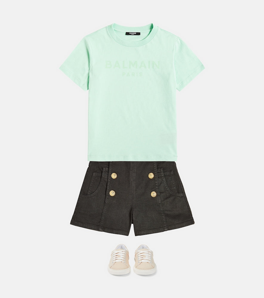 Button-embellished cotton-blend shorts