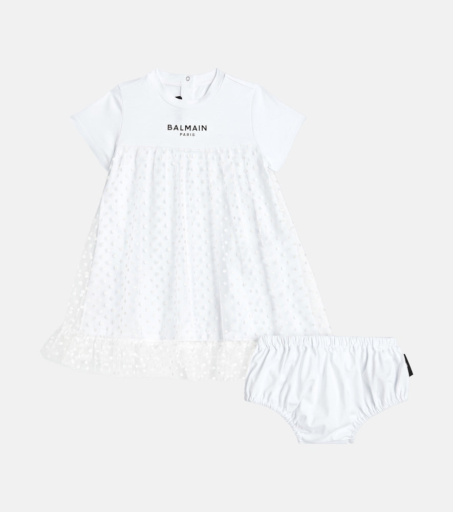 Polka-dot jersey and tulle dress and bloomers set