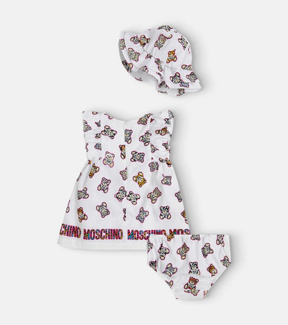Baby cotton dress, bloomers and hat set