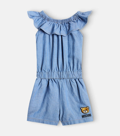 Embroidered denim playsuit