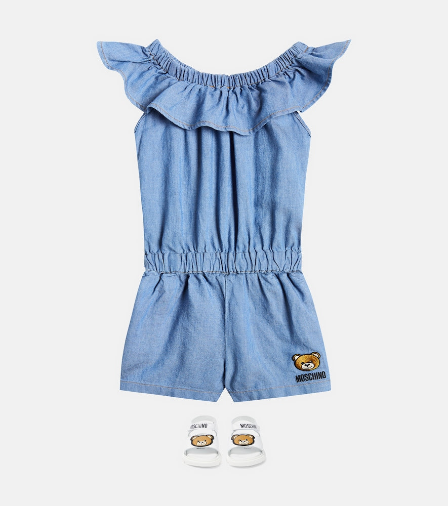 Embroidered denim playsuit