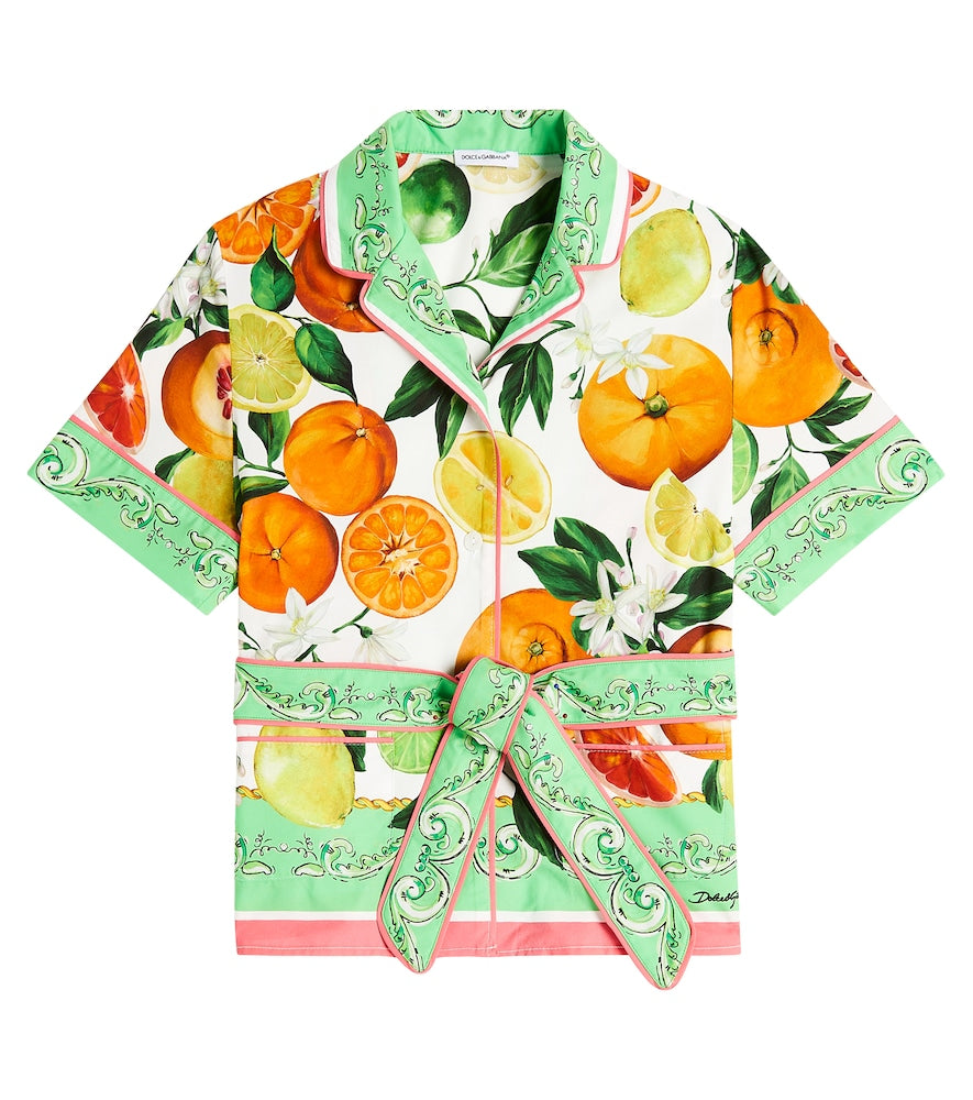Printed belted cotton popeline shirt