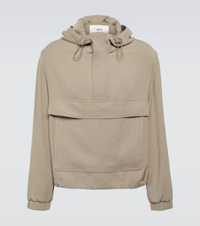 Hooded half-zip twill jacket