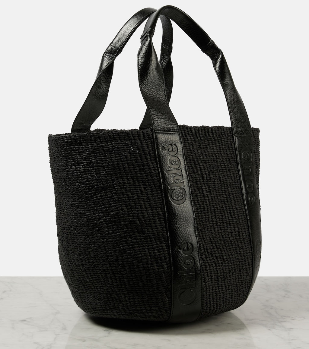 Woody Medium raffia-effect tote bag