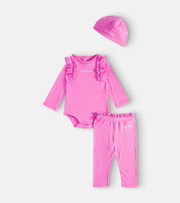 Baby cotton bodysuit, pants and hat set