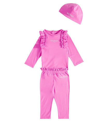 Baby cotton bodysuit, pants and hat set