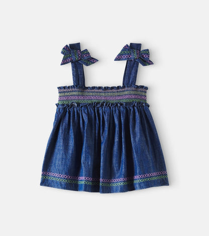 Tallow embroidered denim top