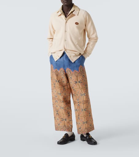 Printed linen wide-leg pants