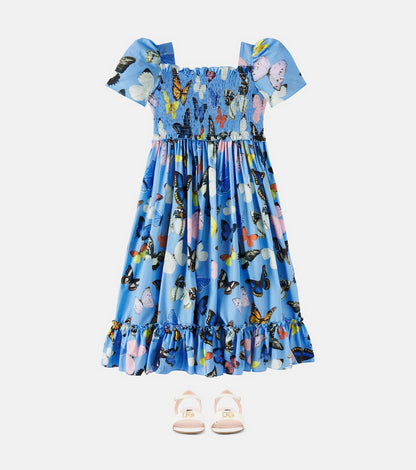 Printed shirred cotton poplin dress