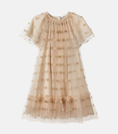 Ruffled logo embroidered tulle dress