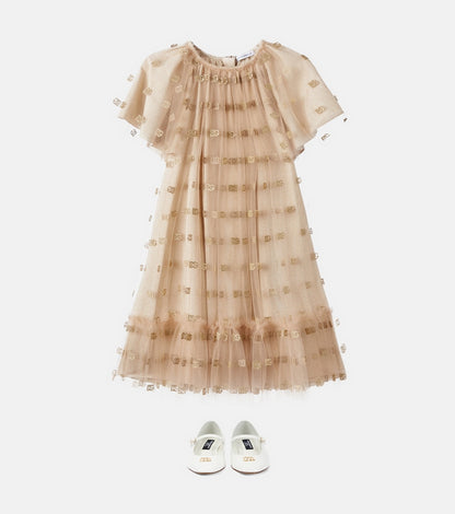 Ruffled logo embroidered tulle dress