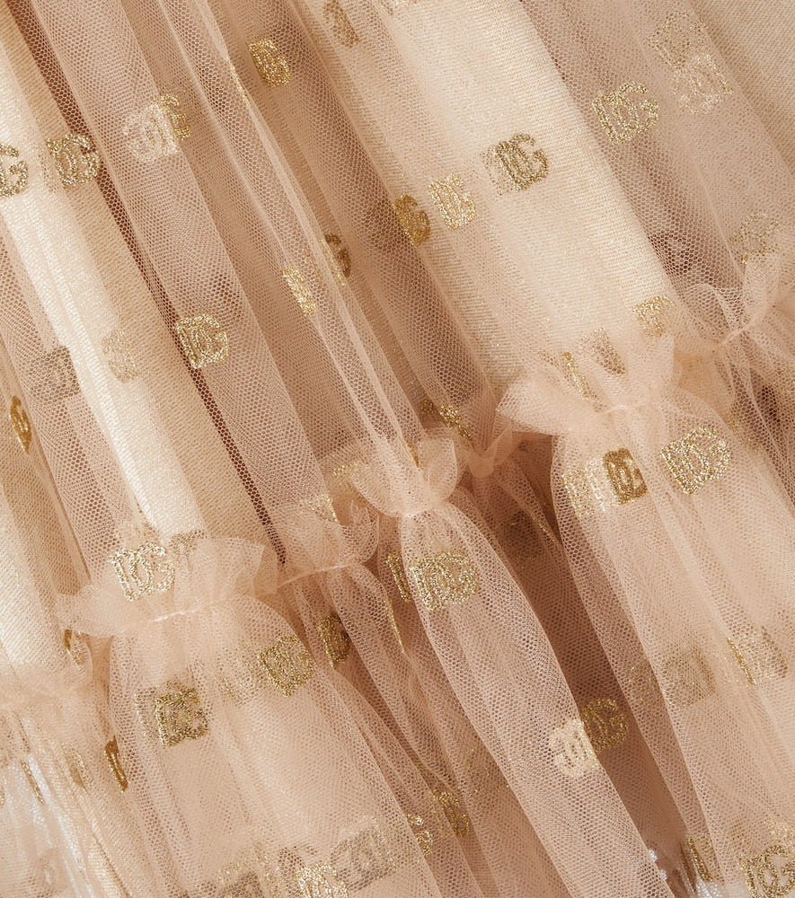 Ruffled logo embroidered tulle dress