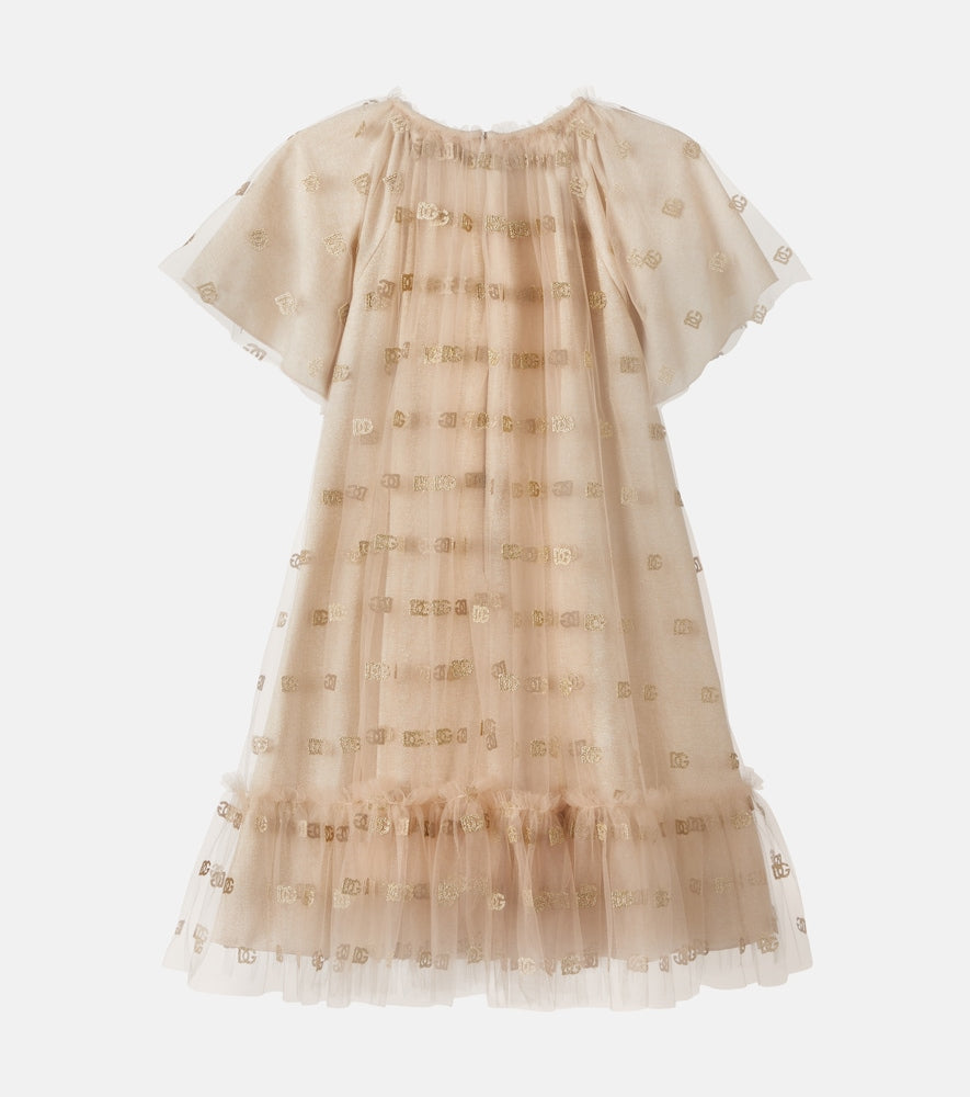 Ruffled logo embroidered tulle dress