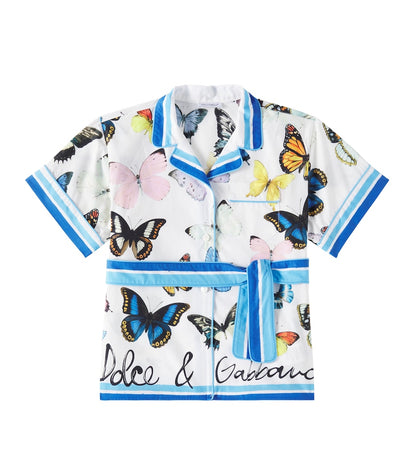 Printed belted cotton poplin shirt