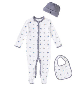 Baby cotton onesie, bib, and beanie set