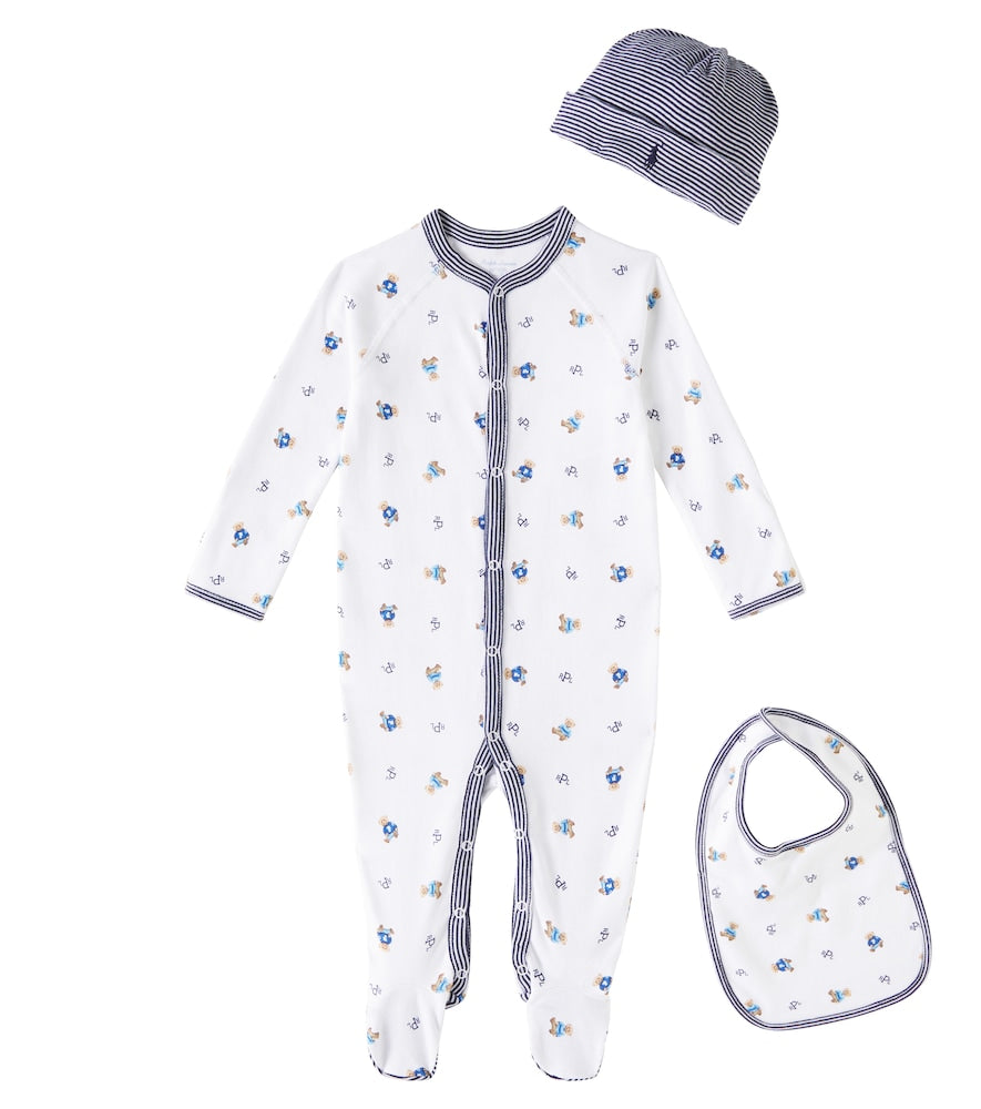 Baby cotton onesie, bib, and beanie set