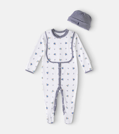 Baby cotton onesie, bib, and beanie set