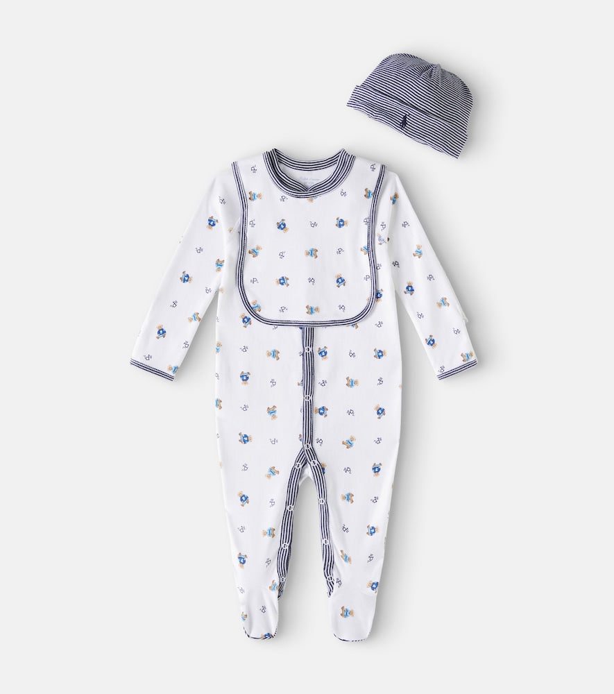 Baby cotton onesie, bib, and beanie set