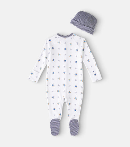 Baby cotton onesie, bib, and beanie set