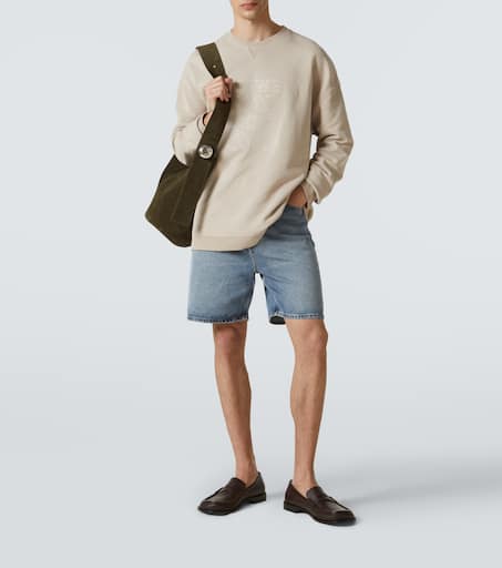 Leather-trimmed denim shorts