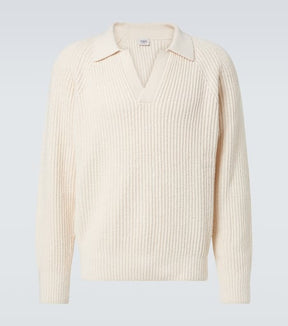 Ribbed-knit cotton polo sweater