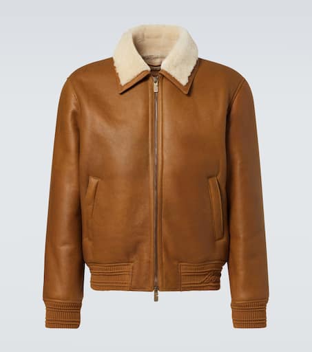Shearling-trimmed leather bomber jacket
