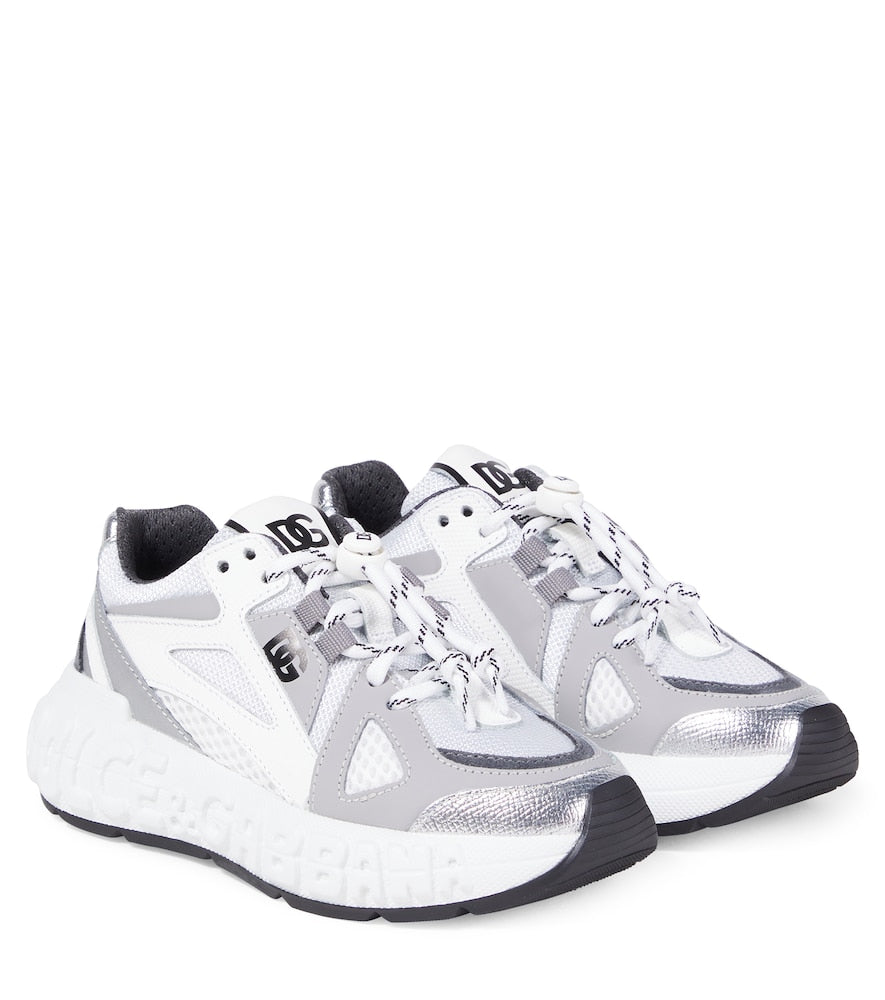 Embossed logo leather-trimmed sneakers