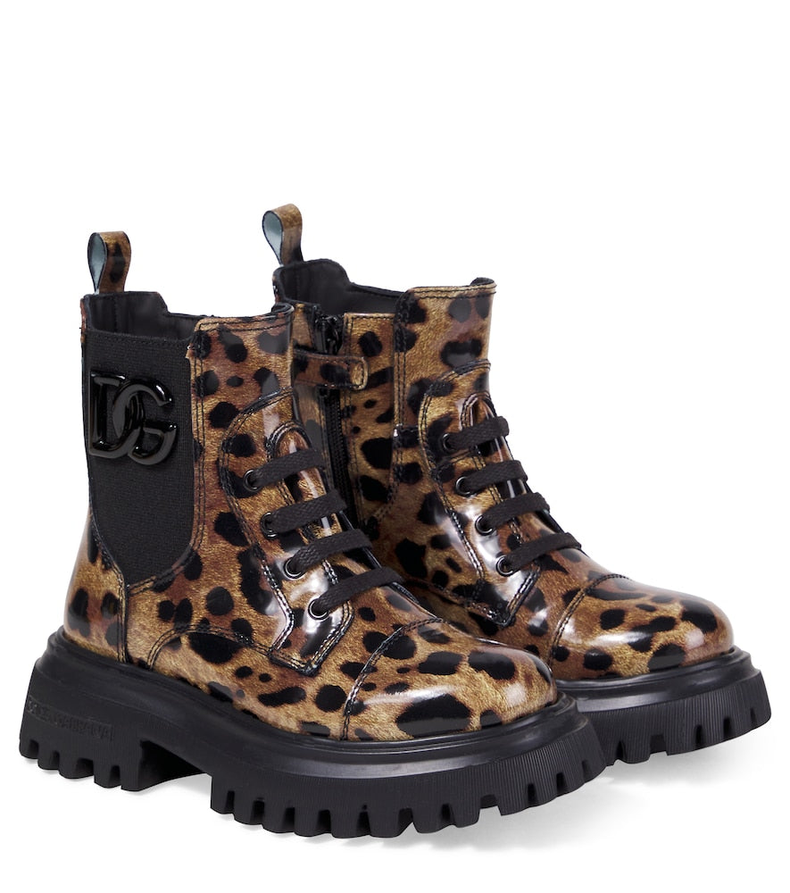 Leopard-print leather combat boots