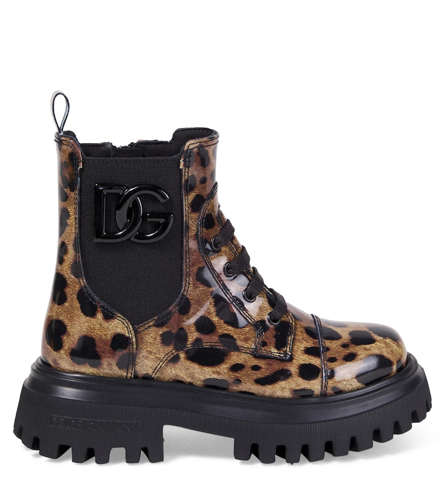 Leopard-print leather combat boots