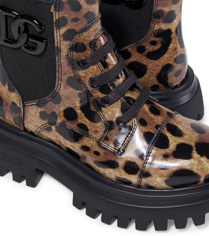 Leopard-print leather combat boots