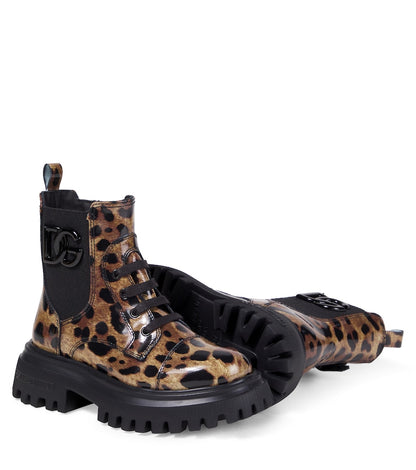 Leopard-print leather combat boots