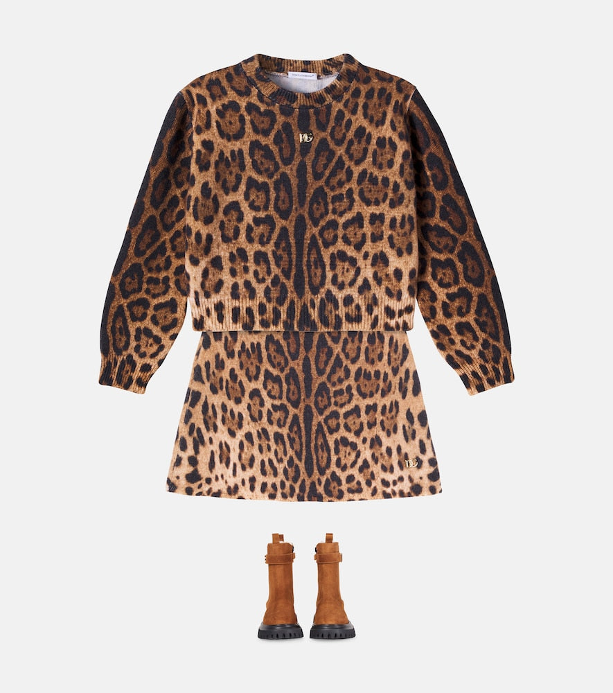 Leopard-print virgin wool skirt