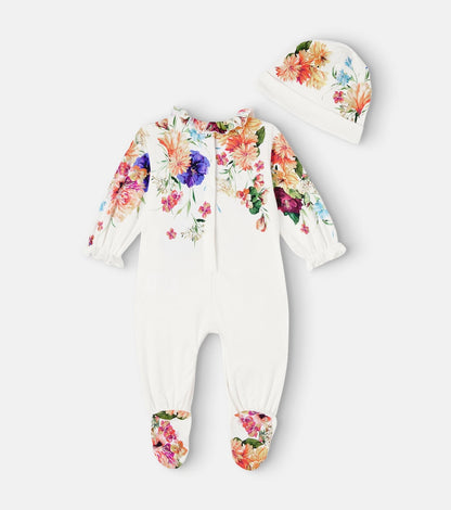 Baby DG onesie, bib, and beanie set